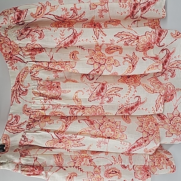 Express Layered Circle Mini Skirt Linen Blend Cream w Salmon Paisley Print - Picture 9 of 16
